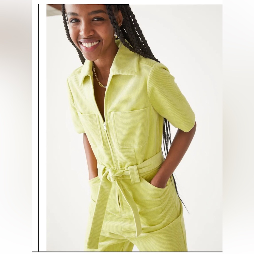Preloved & OTHER STORIES Belted Short Sleeve Green Corduroy Jumpsuit Size 4 - Picture 4 of 7